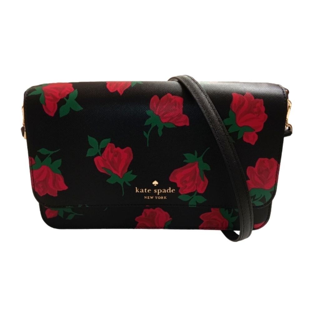 Kate Spade New York Black Saffiano Leather Madison Ditsy Rose Print Crossbody